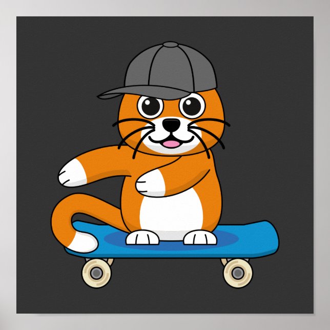 Niedliche orangefarbene Katze auf Skateboard Carto Poster (Vorne)