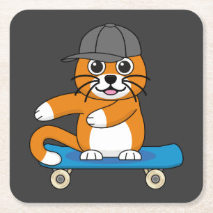 Niedliche orangefarbene Katze auf Skateboard Carto Rechteckiger Pappuntersetzer