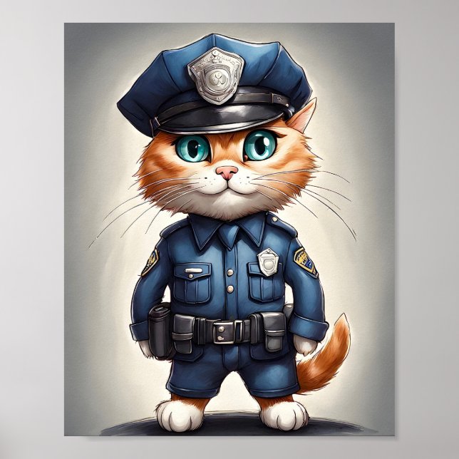 Niedliche Orangefarbene Katze in polizeilicher Uni Poster (Vorne)