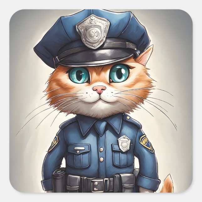 Niedliche Orangefarbene Katze in polizeilicher Uni Quadratischer Aufkleber (Vorderseite)