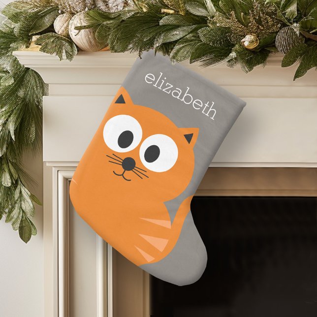 Niedliche Orangenfettkatze mit Taupe Personalisier Großer Weihnachtsstrumpf (Personalized Christmas Stocking)