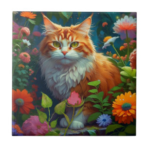 Niedliche Orangenkatze bei Blume Fliese