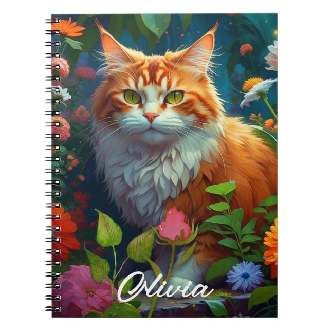 Niedliche Orangenkatze bei Blume Personalisiert Notizblock (Vorderseite)