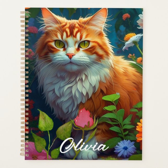 Niedliche Orangenkatze bei Blume Personalisiert Planer (Vorderseite)