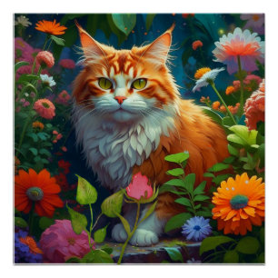 Niedliche Orangenkatze bei Blume Poster