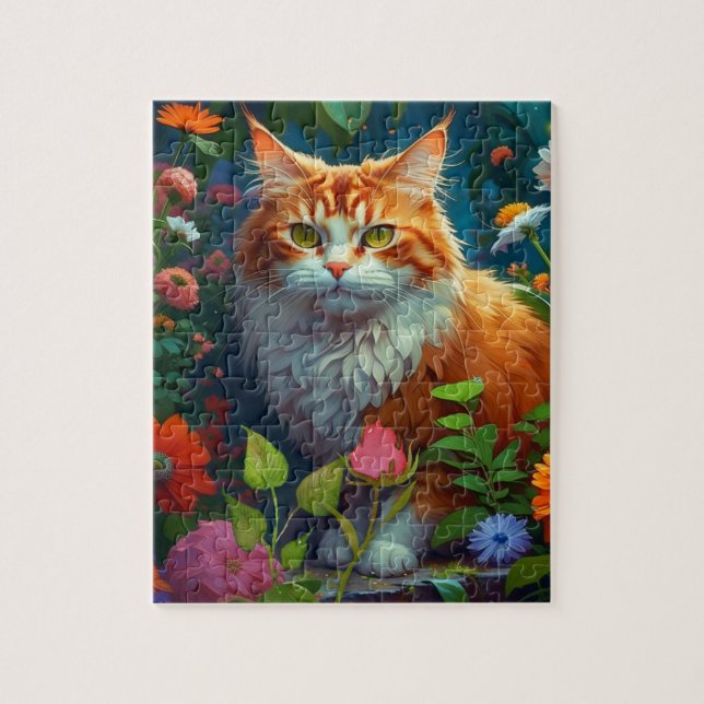 Niedliche Orangenkatze bei Blume Puzzle (Vertikal)