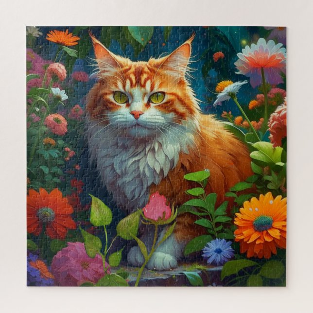 Niedliche Orangenkatze bei Blume Puzzle (Vertikal)