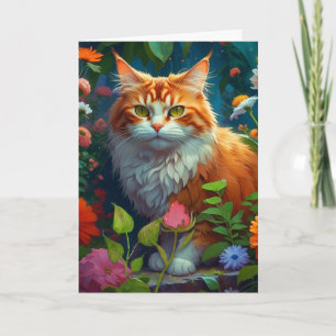 Niedliche Orangenkatze in Blume, die über Sie nach Karte