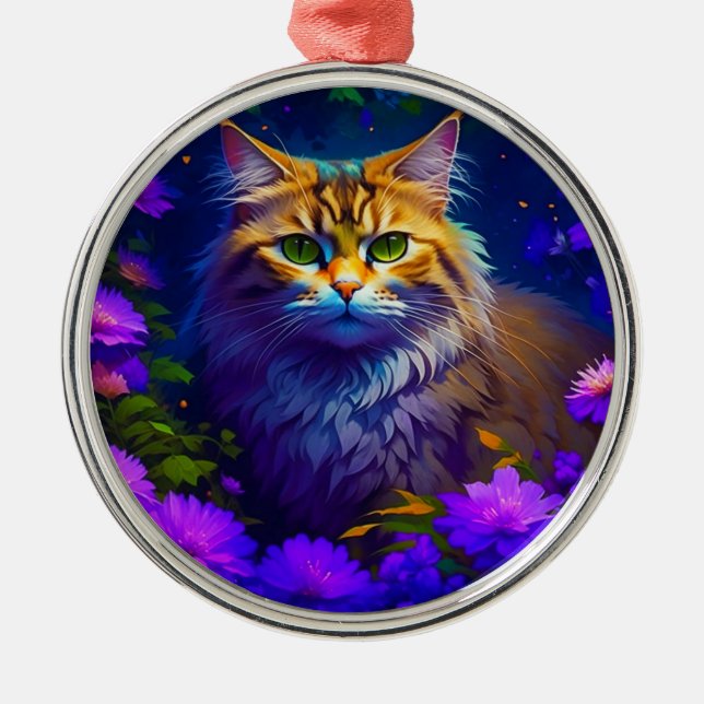 Niedliche Orangenkatze in violetten Blumen Ornament Aus Metall (Vorne)