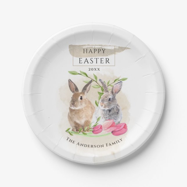 Niedliche OsterBunnies | Happy Oaster Watercolor A Pappteller (Vorderseite)