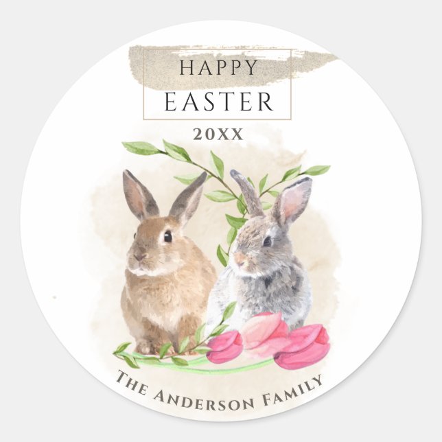 Niedliche OsterBunnies | Happy Oaster Watercolor A Runder Aufkleber (Vorderseite)