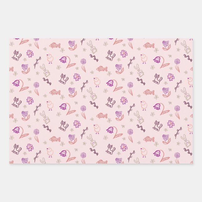 Niedliche Osterdoodtiere und Blume Geschenkpapier Set (Vorderseite)