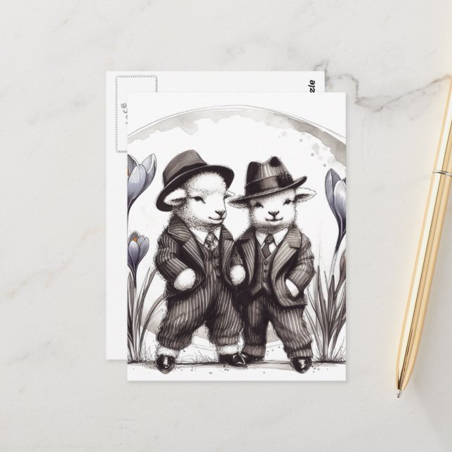 Niedliche Osterhämmer im Anzug Postkarte (Vorderseite/Rückseite Beispiel)