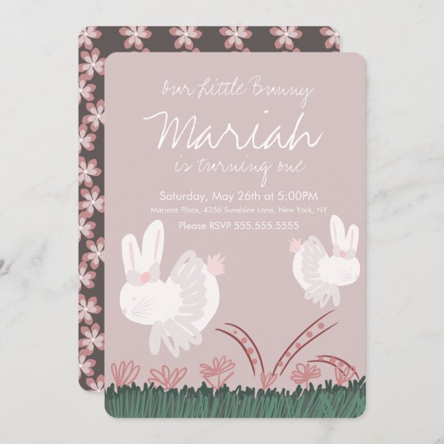 Niedliche Ostern 1. Geburtstag Handgezeichnet Einladung (Vorne/Hinten)