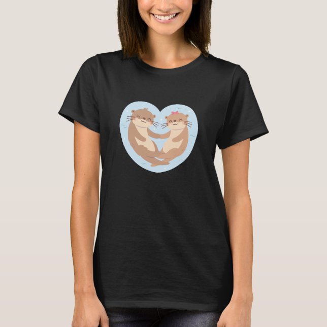 Niedliche Otter Couple Holding Hands im Herzen T-Shirt (Vorderseite)