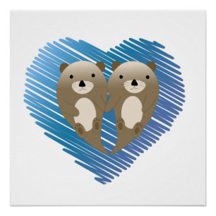 Niedliche Otters mit blauem Herzen im Hintergrund Poster