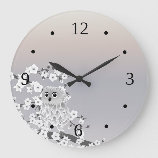 Niedliche Owl Beige Taupennummern Große Wanduhr (Vorderseite)