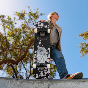 Niedliche Owl Cherry Blossom Pink Black Add Name Skateboard
