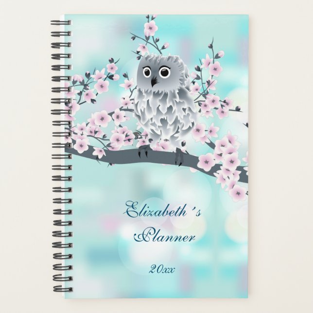 Niedliche Owl Cherry Blossom Pink Türkis Name  Planer (Vorderseite)