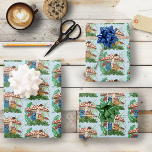 Niedliche Owl Family Pilzregen Geschenkpapier Set