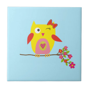 Niedliche Owl Yellow Pink Illustration Fliese