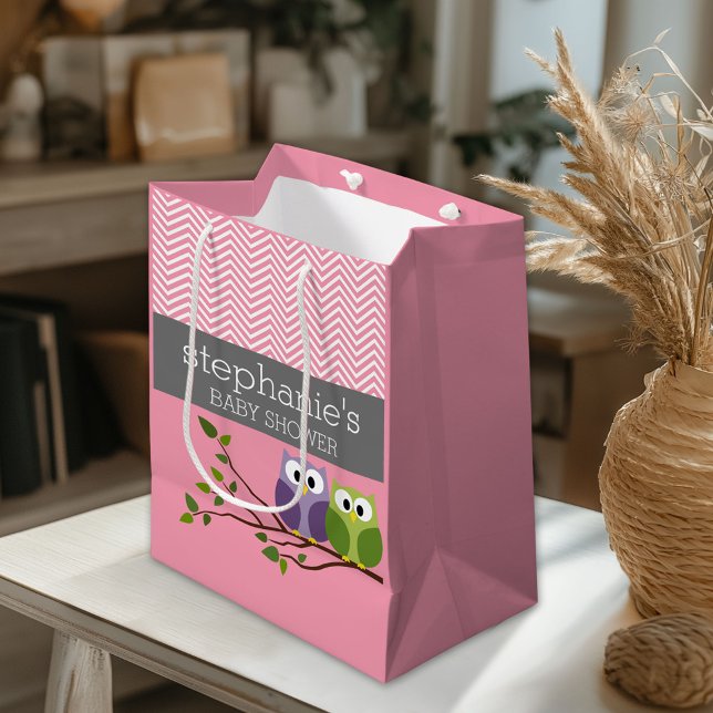 Niedliche Owls auf Zweig Baby Girl Dusche Rosa Mittlere Geschenktüte (Custom Gift Bag)