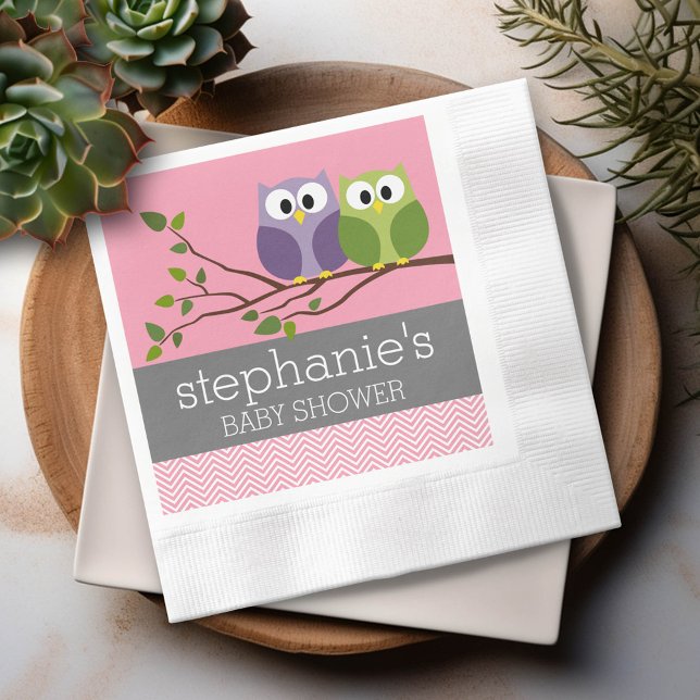Niedliche Owls auf Zweig Baby Girl Dusche Rosa Serviette (Custom Party Napkins)