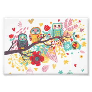 Niedliche Owls farbenfrohe blumenreiche Herzen Hin Fotodruck