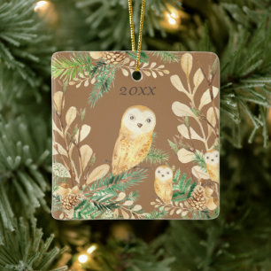 Niedliche Owls Grüne Pine Wasserfarbe Weihnachtsj Keramikornament