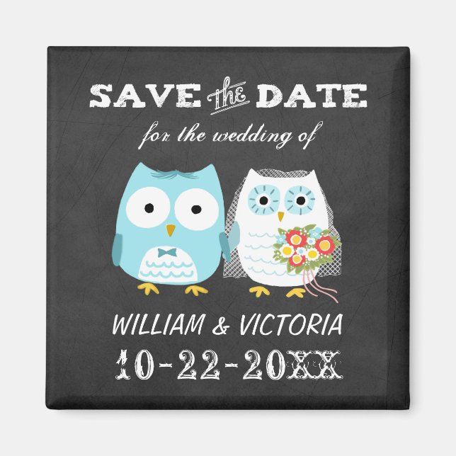 Niedliche Owls Hochzeitskhalkboard Stil Save the D Magnet (Vorne)