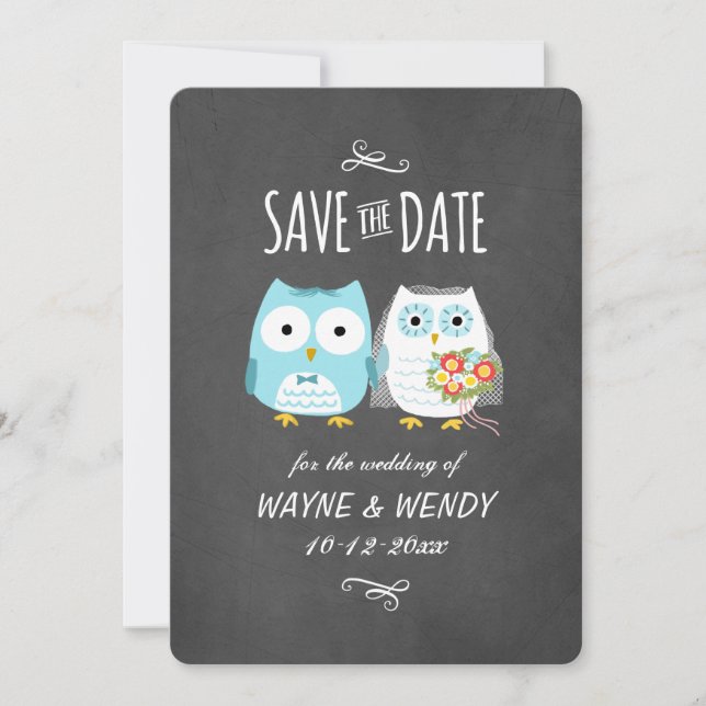 Niedliche Owls Hochzeitskhalkboard Stil Save the D Save The Date (Vorderseite)