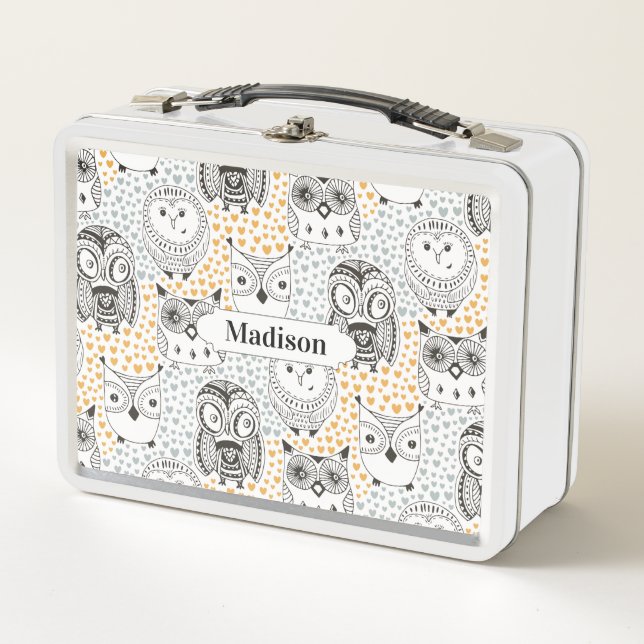 Niedliche Owls Muster individuelle Name Lunch Boxe Metall Brotdose (Vorderseite)