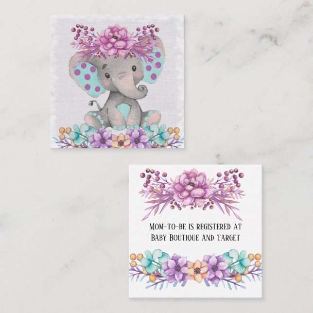 Niedliche Paint Niedlich Elephant und Florals Baby Quadratische Visitenkarte (Vorne/Hinten)