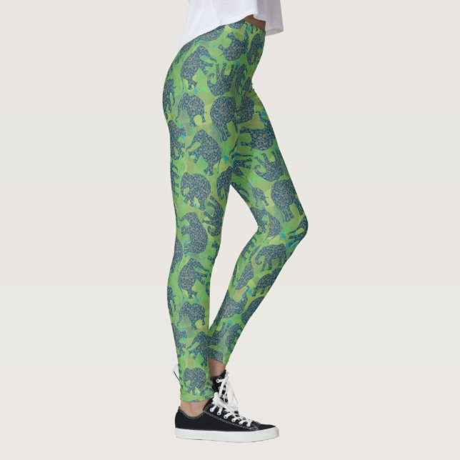 Niedliche Paisley-Elefanten auf grünem Hintergrund Leggings (Rechts)