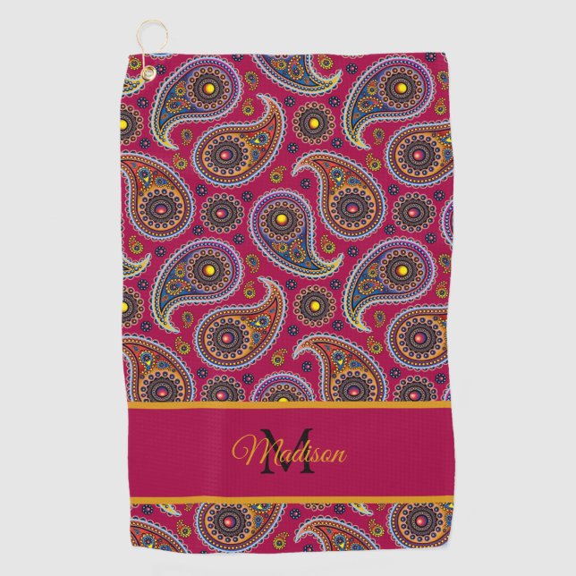 Niedliche Paisley Red Yellow Monogram Golfhandtuch (Vorderseite)