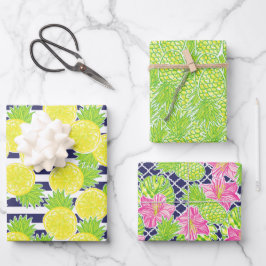 Niedliche Palm Beach Ananas und Zitronen Geschenkpapier Set