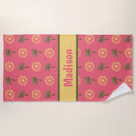 Niedliche Palmen u. Sonnen, auf rosa Strandtuch