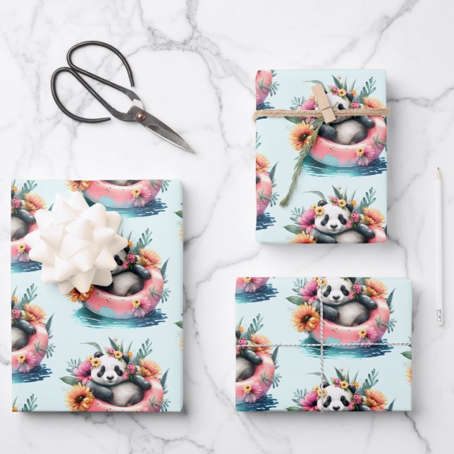 Niedliche Panda-Bärenkühlung in einer inneren Röhr Geschenkpapier Set (Vorderseite)