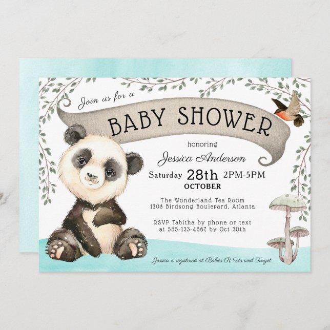 Niedliche Panda Bear Baby Dusche Einladung (Vorne/Hinten)