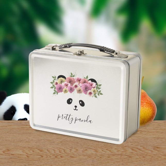Niedliche Panda Bear Girl Floral Metal Lunch Box (A pretty panda bear with flowers in her hair. Just add your name to this cute metal lunch box)