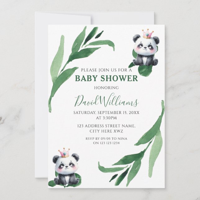 Niedliche Panda Foliage Gender Neutral Chic Baby D Einladung (Vorderseite)