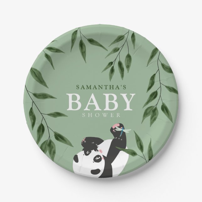 Niedliche Panda & Foliage Neutral Baby Dusche Pappteller (Vorderseite)