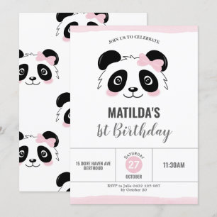 Niedliche Panda Geburtstagsparty Rosa Schwarz/Weiß Einladung