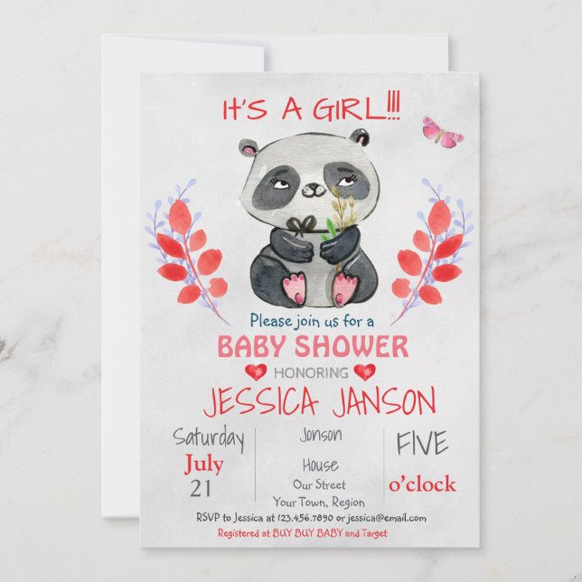 NIEDLICHE PANDA GIRL BABY SHOWING INVITATION EINLADUNG (Vorderseite)
