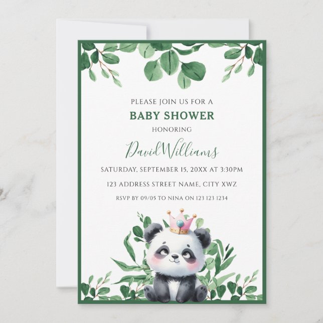 Niedliche Panda Greenery Foliage Neutral Baby Dusc Einladung (Vorderseite)