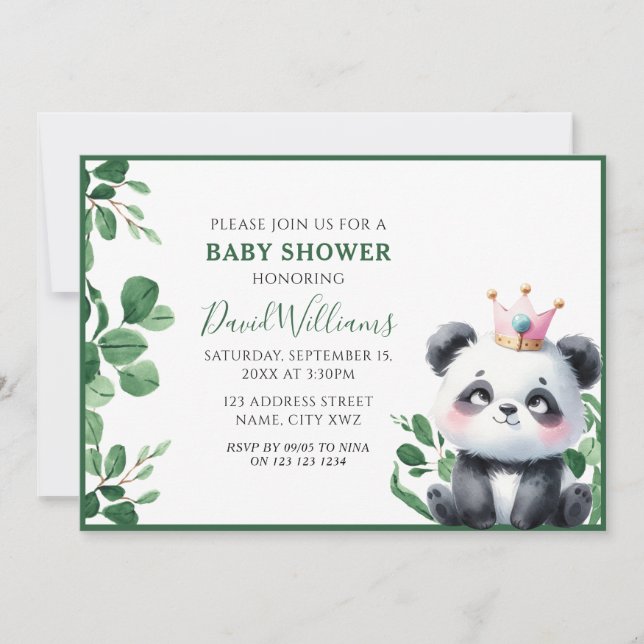 Niedliche Panda Greenery Gender Neutral Baby Dusch Einladung (Vorderseite)