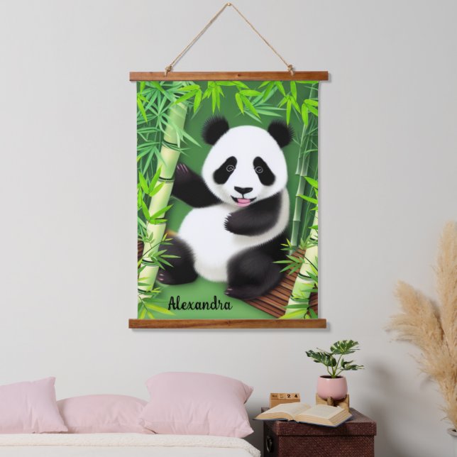 Niedliche Panda in Bamboo-Wald-Hängeländer Wandteppich Mit Holzrahmen (Schlafzimmer)