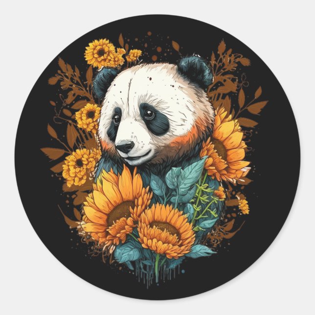 Niedliche Panda Sonnenblume Lover Zeichnend Kunst Runder Aufkleber (Vorderseite)