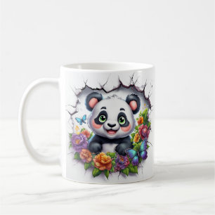 Niedliche Panda taucht fröhlich durch eine knackte Kaffeetasse