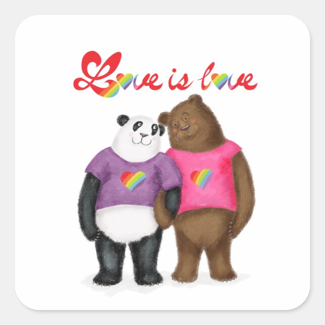 Niedliche Panda- und Braunbärchen-Aufkleber "Liebe Quadratischer Aufkleber (Vorderseite)